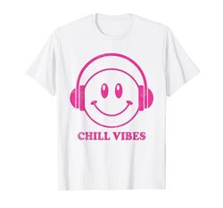 Chill Vibes 70s Pink Smile Face Music Auriculares Happy Face Camiseta