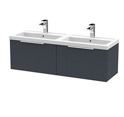 Hudson Reed DFF1494C Fluted Modern Bathroom Wall Hung 2 Drawer Double Vanity Basin Unit with Twin Polymarble Basin, 1200mm, Soft Black