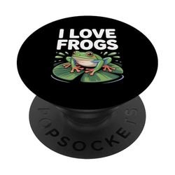 Diseño de rana con texto en inglés "I Love Frogs" PopSockets PopGrip Adhesivo