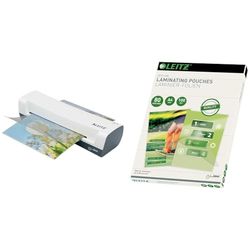 Leitz iLAM Home Laminator, Vit A4-lamineringsmaskin, Snabb Uppvärmningstid på Tre Minuter, Fickor med 75-125 Mikron, Startpaket med Fickor, 74310001 & Leitz 33808 Lamineringsfolier, Paket med 100