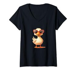Womens Young Duck with Funny Heart Sunglasses Costume V-Neck T-Shirt