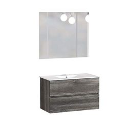 Baikal Mueble de Baño Dos cajones, suspendido a la Pared con Lavabo. Melamina 16. Mueble montado. Mueble de 80cm Vintage con Espejo Luna Lisa