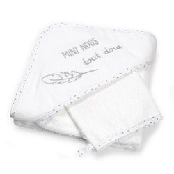 Trois Kilos Sept - Lot Set de Bain (Mini Nous) - Cape de Bain à Capuche + Gant de Toilette Assorti - Pour Bébé - Blanc - 70x70cm