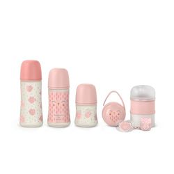 Suavinex, Zestaw Premium Noworodka. Butelka do karmienia 150 ml + Butelka do karmienia 270 ml + Butelka do karmienia 360 ml + smoczek 0-6 Miesięcy z fizjologicznym smoczkiem SX Pro + Dozownik do mleka + Uchwyt na smoczki Duo + Klamra Różowy