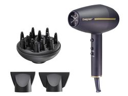 BEPER Sèche-Cheveux Professionnel avec Moteur AC, 2 Vitesses et 3 Températures, Modes Air Chaud et Froid, Compact, 2 Concentrateurs d'Air et 1 Diffuseur Inclus, Puissance 2400W - Noir/Doré