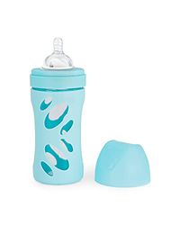 Twistshake Biberon en Verre avec Large Ouverture et Tétine Souple en Anti-colique Silicone Débit Moyen, Donner le Biberon avec Tétine en Forme de Sein, 260 ml, sans BPA, 2 Mois et +, Bleu Pastel