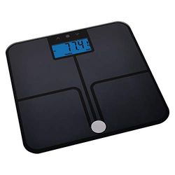 EMOS Pèse-personne numérique avec fonction BMI et mémoire, balance de poids/balance de graisse, balance numérique en verre de sécurité, mesure la graisse corporelle, masse musculaire, eau/piles incluses