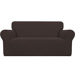 Easy-Going Stretch Sofa Slipcover 1-Piece Sofa Cover Furniture Protector Couch Soft with Elastic Bottom Anti-Slip Foam Kids, Spandex Jacquard Fabric Small Checks(loveseat,Chocolate)
