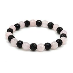 Bracciale in Quarzo Rosa e Onice Nera, Pietre Dure Naturali, Elastico 19 cm, Fatto a Mano