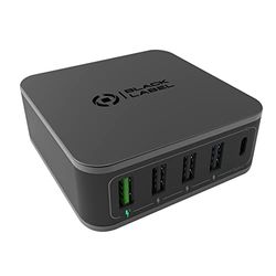 Celly, Power Station Linea Black Label, Power Bank con 4 porte USB e 1 porta USB-C, Tecnologia Power Delivery e Qualcomm QC30, Carica Simultanea Fino a 5 Dispositivi, Caricabatterie da Scrivania