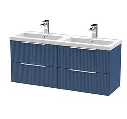 Hudson Reed DFF393C Fluted Modern Bathroom Wall Hung 4 Drawer Double Vanity Basin Unit with Twin Polymarble Basin, 1200mm, Satin Blue