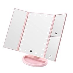 WEILY Espejo de Maquillaje, 1x / 2X / 3X Espejo de Maquillaje de Tres Pliegues con 21 Luces LED y Pantalla táctil Ajustable Espejo Iluminado Espejos cosméticos de encimera (Rosado)