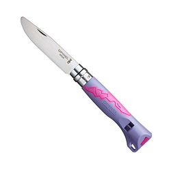 Opinel - N°07 Cuchillo Outdoor Junior Multifuncional - Hoja de Punta Redonda de 8 cm en Acero Inoxidable, Mango de Polímero y Fibra de Vidrio - Silbato de 110 dB, Alcance de 300 m - Púrpura