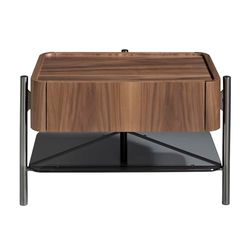 Mesita noche de madera chapada en nogal con un cajón para almacenaje. Estructura de patas en acero inoxidable oscurecido con una balda en cristal templado tintado en color negro.