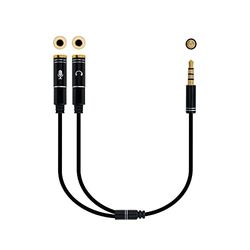 Blendend Cable adaptador de audio 3.5 mm con conector macho de 4 contactos y 2 conectores hembra de 3 contactos, ideal para conexiones de auriculares.