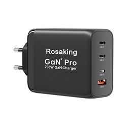 Rosaking Chargeur USB C 200W, Chargeur Rapide GaN III Tech, Chargeur Rapide USB C 4 Ports pour MacBook Air, Chargeur Compatible avec Samsung Galaxy Book