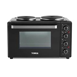 Tower T14044 Mini Oven with Dual Hot Plates, Adjustable Temperature Control, 90 Minute Timer, Baking Tray and Wire Rack, Black with Silver Accents, 32 Litre