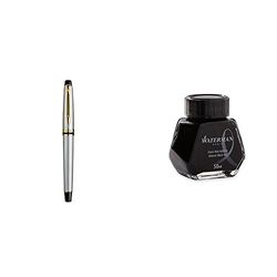 Waterman S0951940 Expert - Pluma estilográfica metalizada con adornos dorados, plumín fino, tinta azul + Waterman - Bote de tinta permanente (50 ml), color negro