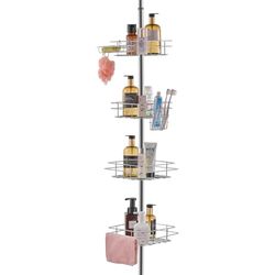 VEVOR Étagère de Douche d'angle Réglable 106,7-289,5 cm Haut, Poteau Télescopique pour Salle de Bain Multifonctionnel avec 4 Plateaux de Charge Solides Carrés, Antirouille, Facile à Installer, Argent