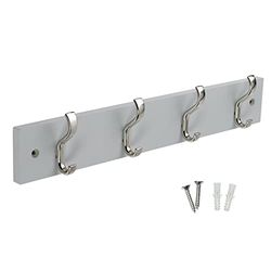 Keypak Minimalistic Wall-Mounted Coat Rack – 4 Hooks on Stylish Modern Wooden Base for Wall & Door – 38cm – All Fixings Included (Satin Nickel/Dove Grey)