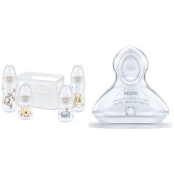 NUK First Choice+ startset med nappflaskor | 0–6 månader | 4 nappflaskor med temperaturkontroll och låda | BPA-fria | Winnie the Pooh | 5 delar & NUK 10124014 Nappar, 0-6 Månader, 2 st, Genomskinlig