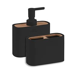 GEDY | Set Melbourne 2 Pezzi, 1 Dispenser Sapone e 1 Porta Spazzolino, Serie Realizzata in Resina e Bambù con Finiture Nere