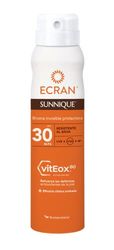 Ecran Sunnique Solskyddsskum SPF 30, UVB + UVA- och IR-A-skydd, stärker försvaret, skyddar huden, återfuktar 24 h, formel med VitEox 80, för hela familjen - 75 ml