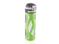 Leifheit Botella de cristal Flip de 600 ml, botella reutilizable 100% hermética, se abre con una mano, botella deportiva sin BPA, con filtro, verde