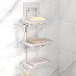 Moforoco Soporte para jabonera para Pared de Ducha, sin taladrar, Acero Inoxidable 304 de 3 Niveles, Soporte para Barra de jabón con 4 Ganchos y Soporte para maquinilla de Afeitar para Ducha, Soporte