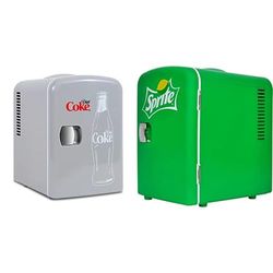Koolatron Diet Coke Mini Fridge 4L Small Fridge 6 Can Table Top Mini Fridges 12V Portable Cooler Grey + Sprite Mini Fridge 4L 6 Can Quiet Mini Fridges for Skincare Food Drinks Home Car & Travel Green