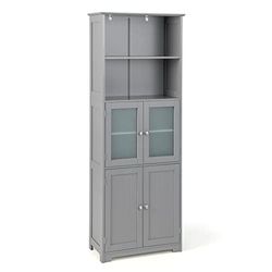 COSTWAY Szafka łazienkowa ze szklanymi drzwiami, 2 otwartymi półkami i regulowanymi półkami, wysoka szafka łazienkowa, drewniana, komoda do przechowywania, do łazienki, kuchni, salonu (kolor szary)
