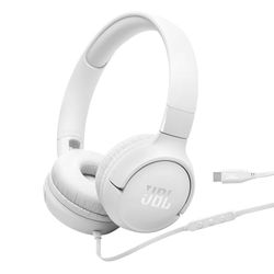 JBL Tune 520C Comfort Fit bedrade on-ear koptelefoon met microfoon, JBL Pure Bass-geluid, EQ-presets, USB-C-connectiviteit, opvouwbaar ontwerp en knoopresistente kabel, wit