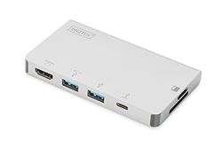DIGITUS Base de conexão multiporta - base USB-C 6 portas - HDMI - 2 x USB 3.0 - Porta de carregamento - Leitor de cartões - cabos intercambiáveis