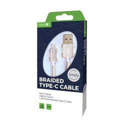 Simply ICTC05 - Cavo di Ricarica Intrecciato da C a USB, Lunghezza 1,5 m, per Samsung, HTC, LG e Altri Smartphone e Playstation 5/XboxOne e Series X, Colore: Argento