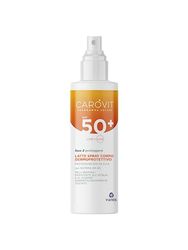 Lait corps spray SPF50+ protection solaire contre les rayons UVA et UVB+ avec action contrastante vieillissement cuir, Carovit Programme Solaire, flacon de 200 ml