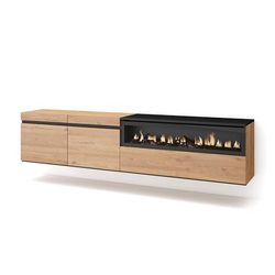 Skraut Home | TV-Meubel, Lowboard | Woonkamer, Eetkamer | 200x45x35cm | Voor tv's tot 80" | Elektrische haard | Hangend | Moderne stijl | Eiken/Zwart
