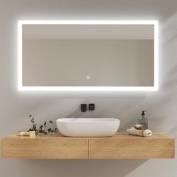 EMKE Specchio da bagno a LED 120 x 60 cm, Specchio da bagno con luce LED bianca fredda, Specchio murale con interruttore touch, IP44, risparmio energetico Specchio da bagno, Specchio da bagno LED