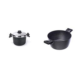 Moneta Etnea Pentola con coperchio Blocca Scola, 4 Litri, Alluminio, Nero & Etnea Casseruola, 2 Manici, 24 Cm