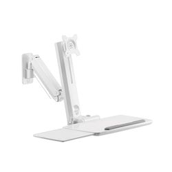 PureMounts Supporto per monitor con vassoio per tastiera, supporto per schermo a parete con vassoio per tastiera, regolabile in altezza, orientabile, inclinabile, postazione di lavoro in piedi, bianco