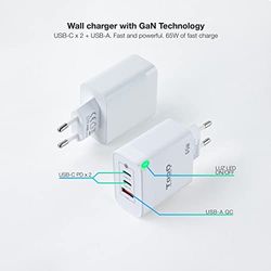 Cargador de Pared 65W GAN con 2 Puertos USB-C/PDE y 1 USB-A/QC, Ideal para Cargar múltiples Dispositivos de Forma rápida y Segura.