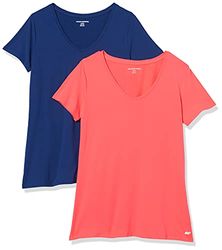 Amazon Essentials Dames Tech Stretch T-shirt met korte mouwen en V-hals (verkrijgbaar in grote maten), 2-Pack, Koraaloranje/Marineblauw, XXL
