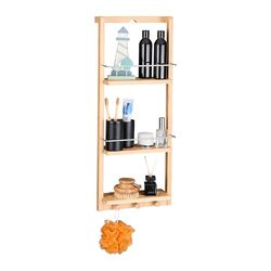 Relaxdays 10017163 Étagère de salle de bain en Bambou 3 étages panier Mural HxlxP : 70 x 28,5 x 10 cm serviteur de douche à suspendre crochet porte-serviettes torchons cuisine en bois, Beige