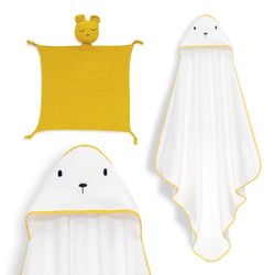 Interbaby - Mantello da bagno per bambini + mussola di Dudu | Asciugamano con cappuccio 100% cotone, unisex, morbido, asciugatura rapida, ideale per neonati, neonati e bambini piccoli, design orso