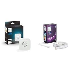 Philips Hue Bridge 2.0, Pont de connexion, fonctionne avec Alexa, Google Assistant & White & Color Ambiance Indoor LightStrips extension 1m, V4, fonctionne avec Alexa