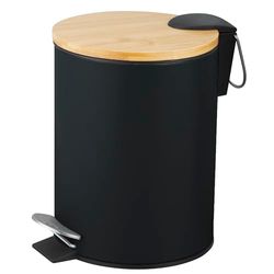 Amig - Poubelle de salle de bain à pédale 3 litres Mod. Naturline - Couleur noire et bambou - Ouverture hygiénique sans contact - Ø16,8 x 23 cm - Acier inoxydable laqué