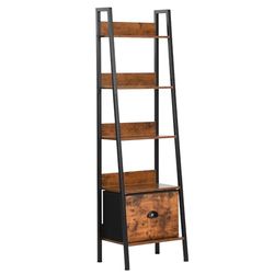 FurnitureR Ladder boekenkast, industriële opbergrek, 5-laags display, open plank met lade voor woonkamer, slaapkamer, kantoor, keuken, tuin, 42,5 x 29 x 141 cm, bruin