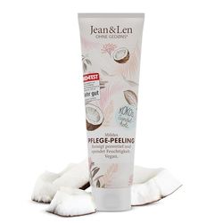 Jean & Len Esfoliação corporal suave de cuidado de coco e sândalo, limpa profundamente os poros e nutre a pele, com pérolas de areia naturais, sem parabenos ou silicone, vegano, 125 ml