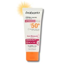 Babaria - Protetor solar SPF 50 facial antimanchas, 75 ml, creme solar 50 facial anti-oxidante, bloqueador solar, vegano, coral Friendly | biodegradável