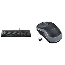 Logitech K120 Wired Keyboard for Windows, Black & M185 Wireless Mouse, 2.4GHz with USB Mini Receiver, 12-Month Battery Life, 1000 DPI Optical Tracking, Ambidextrous, Grey