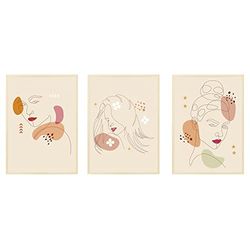 Arterby's® - Set 3 pezzi - Poster Quadro Cornice Tela Canvas Dipinto - Illustrazione Viso Donna Linea Astratta Ritratto - Made in Italy - HD Poster con Cornice Colore Legno 21x30 cm S3A001 D003
